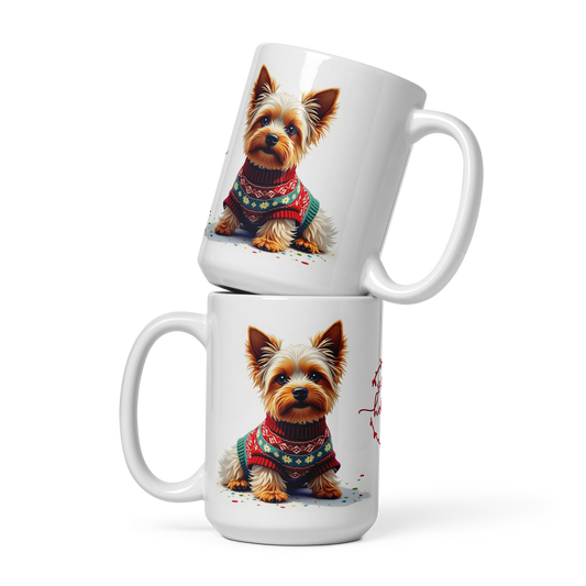 Yorkie Wearing Ugly Christmas Sweater Glossy White Mug