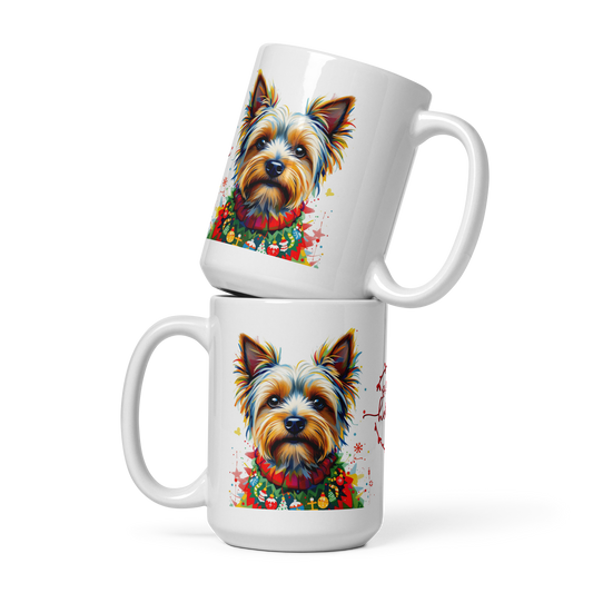 Yorkshire Terrier Wearing Ugly Christmas Sweater Glossy White Mug