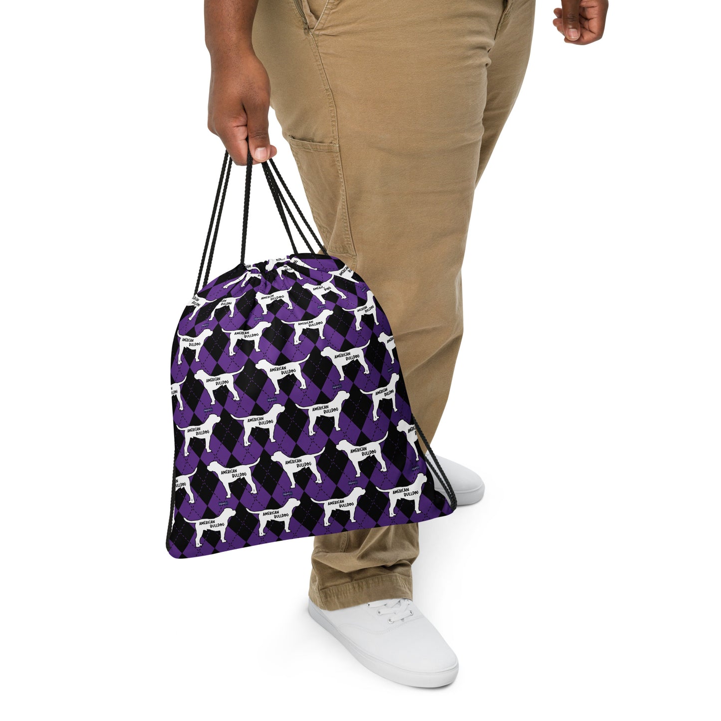 American Bulldog Argyle Purple and Black Drawstring bag