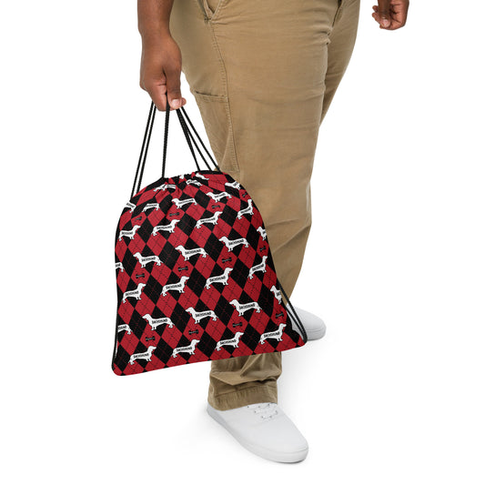 Dachshund Argyle Red and Black Drawstring bag