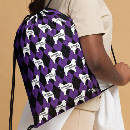 Australian Shepherd Purple Argyle Drawstring bag