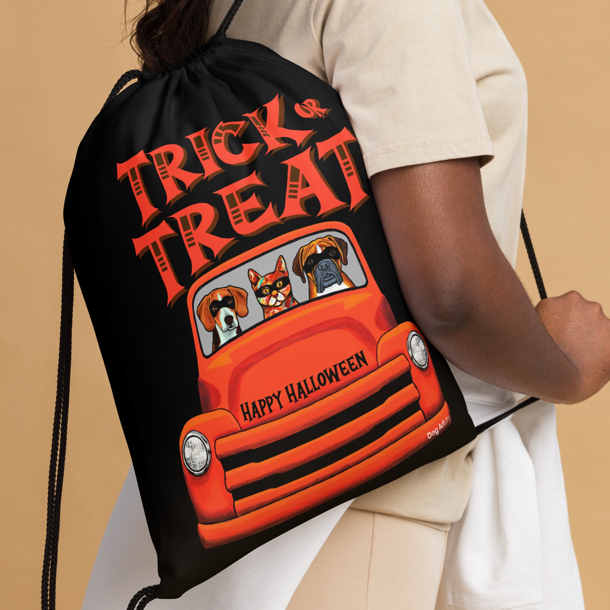 Trick or Treat Halloween candy bag of old truck with Beagle, Cat, and Boxer wearing masks by Dog Artistry.  Close up