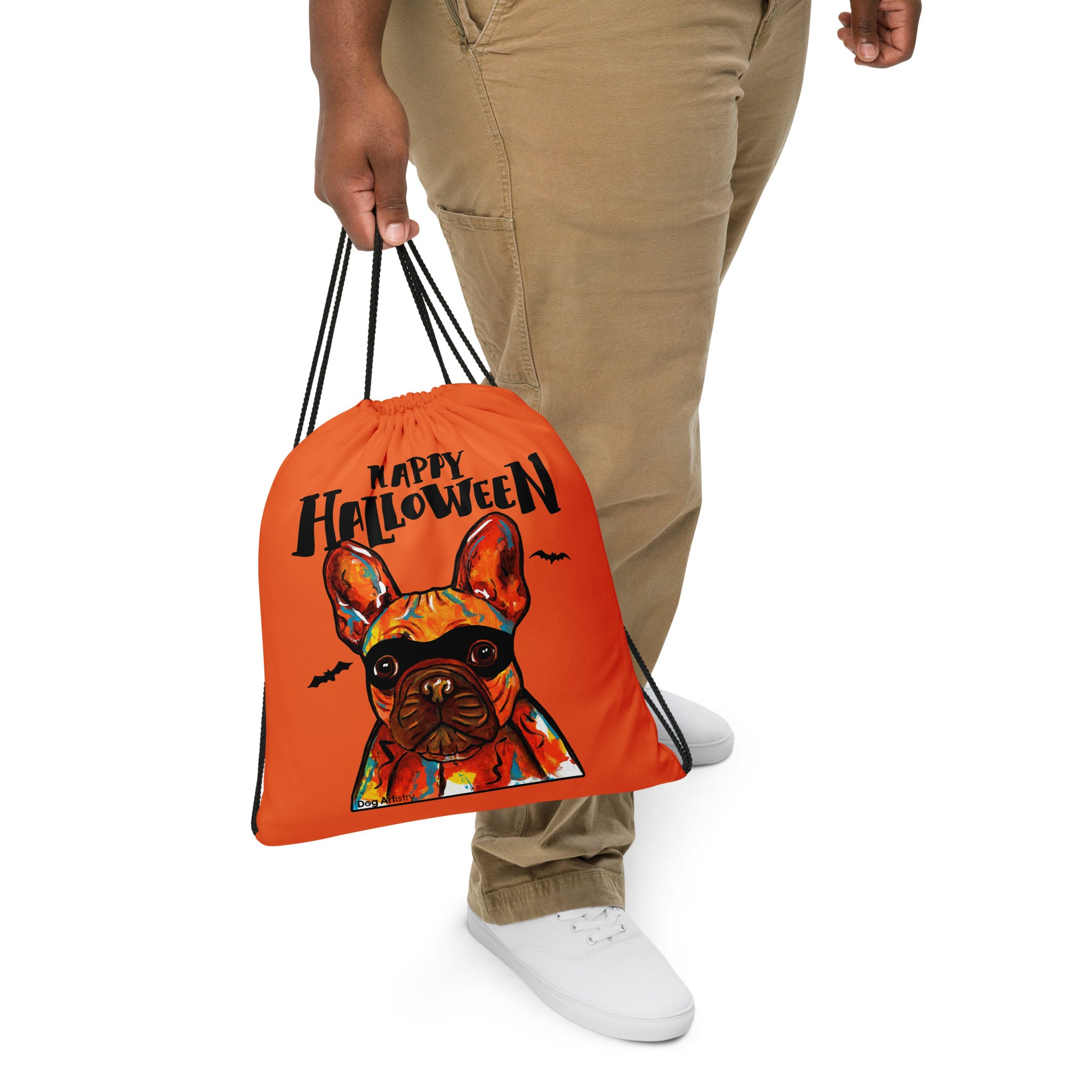 Happy Halloween French Bulldog wearing mask Orange drawstring bag by Dog Artistry Halloween candy bag. Funny dog Halloween bag.