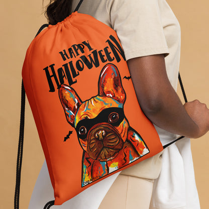 Happy Halloween French Bulldog wearing mask Orange drawstring bag by Dog Artistry Halloween candy bag. Close up.