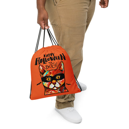 Happy Halloween Cat wearing mask Orange drawstring bag by Dog Artistry Halloween candy bag. Kids Halloween bag.