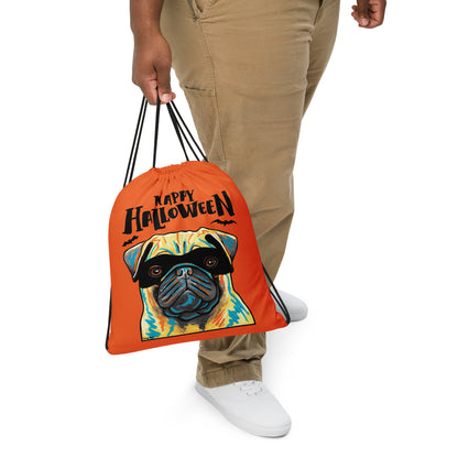 Cool Happy Halloween Pug wearing mask Orange drawstring bag by Dog Artistry Halloween candy bag.