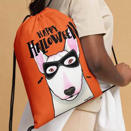 Happy Halloween English Bull Terrier wearing mask Orange drawstring bag by Dog Artistry Halloween candy bag. Close up.