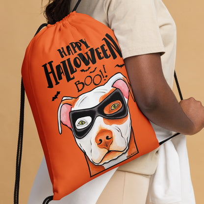 Happy Halloween American Pit Bull wearing mask Orange drawstring bag by Dog Artistry Halloween candy bag. Close up.