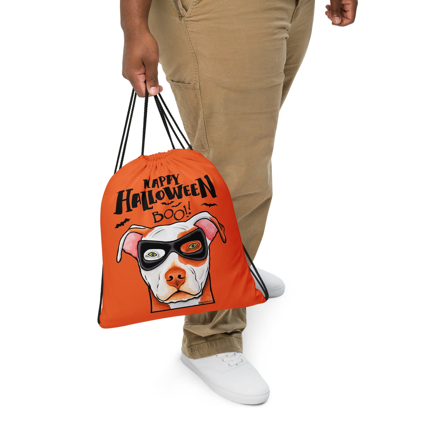 Cool Happy Halloween American Pit Bull wearing mask Orange drawstring bag by Dog Artistry Halloween candy bag.