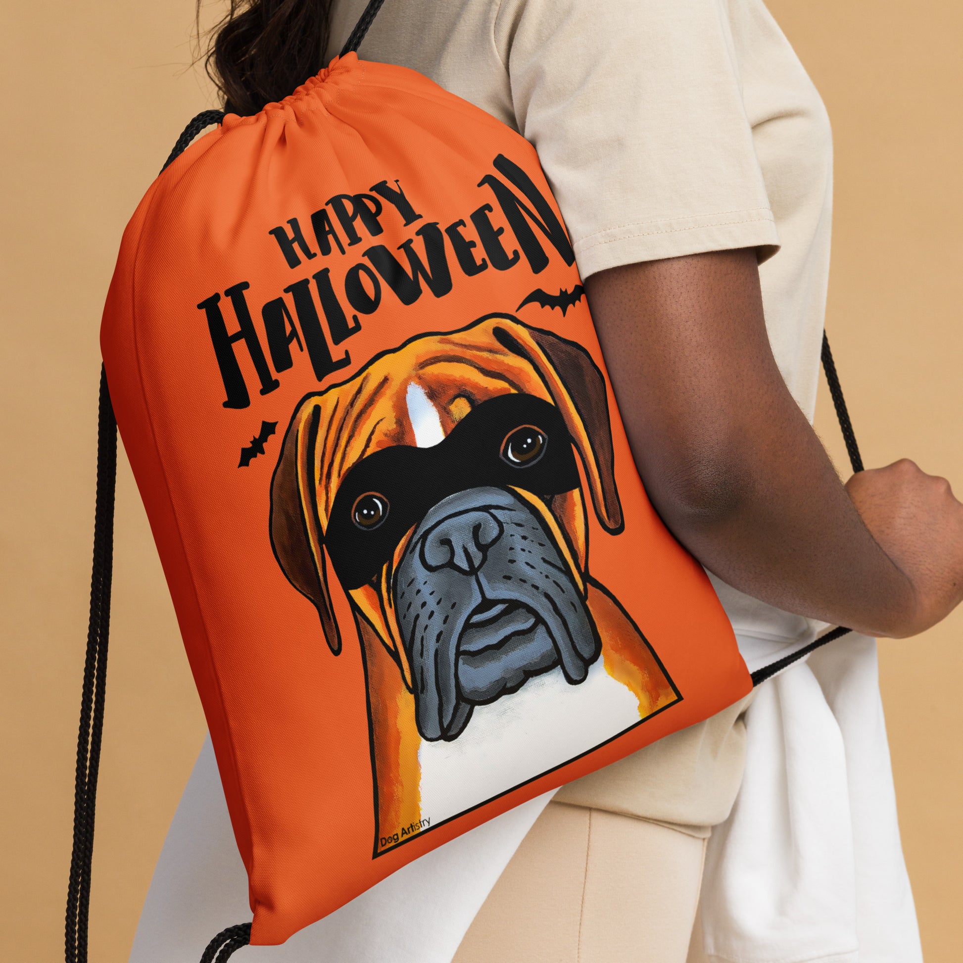 Happy Halloween Boxer Dog wearing mask drawstring bag by Dog Artistry Halloween candy bag. Orange Bag.