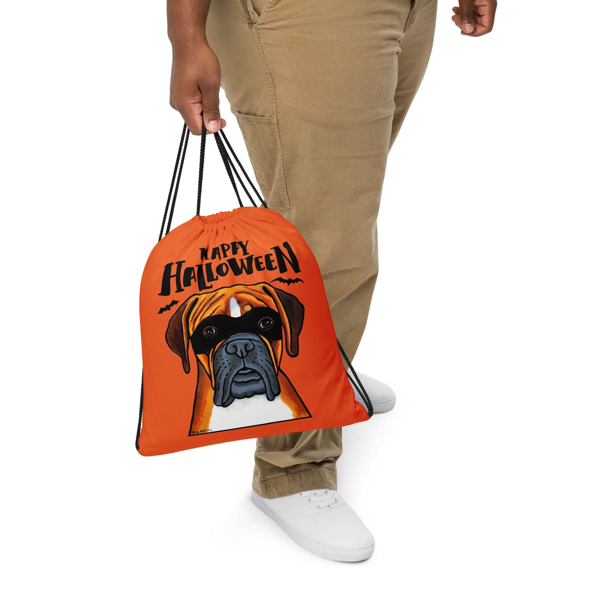 Happy Halloween Boxer Dog wearing mask Orange drawstring bag by Dog Artistry Halloween candy bag. Funny dog Halloween bag.