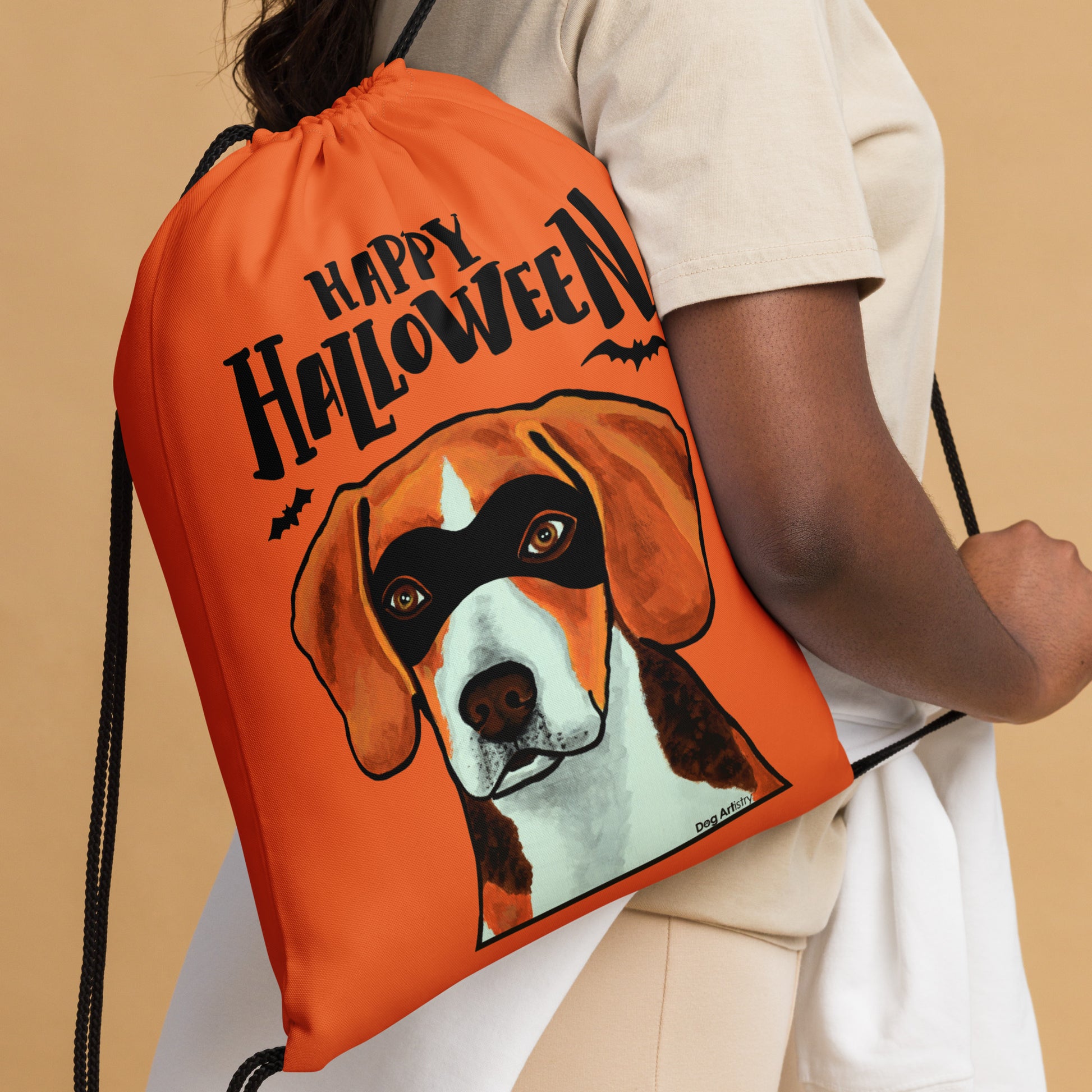Happy Halloween Beagle wearing mask drawstring bag by Dog Artistry Halloween candy bag closeup