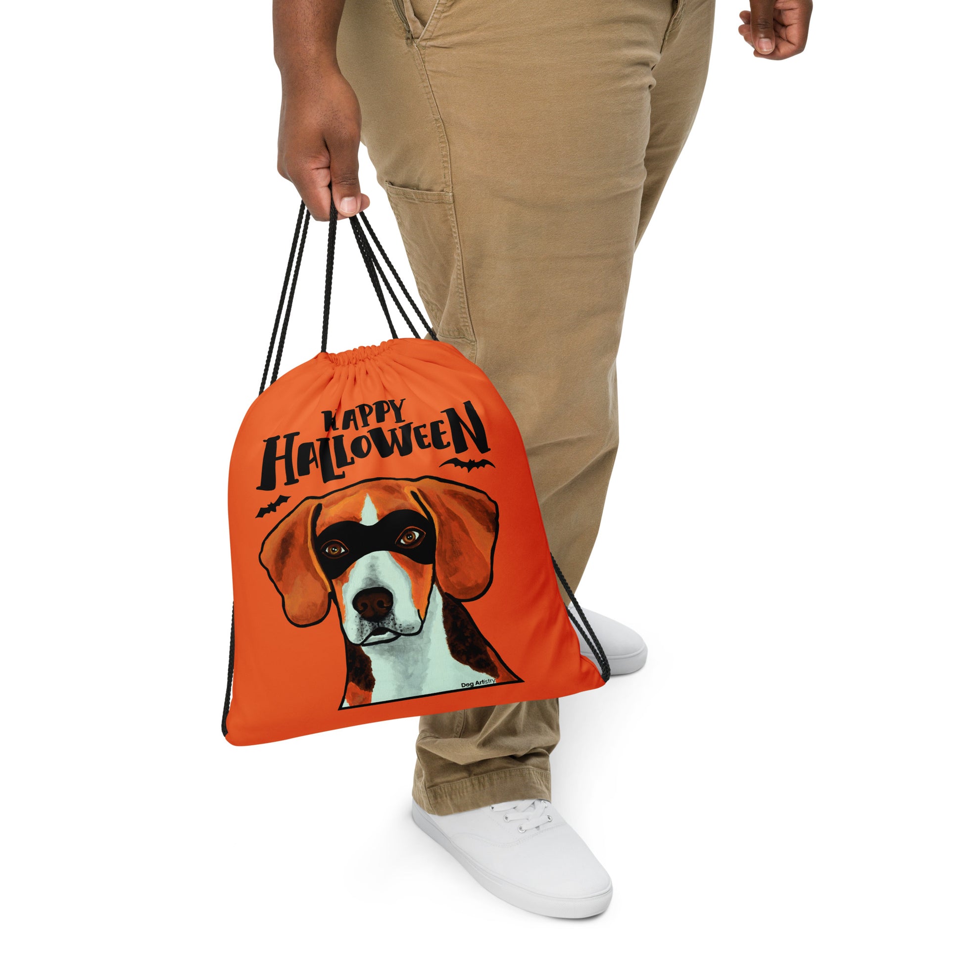 Happy Halloween Beagle wearing mask drawstring bag by Dog Artistry Halloween candy bag.