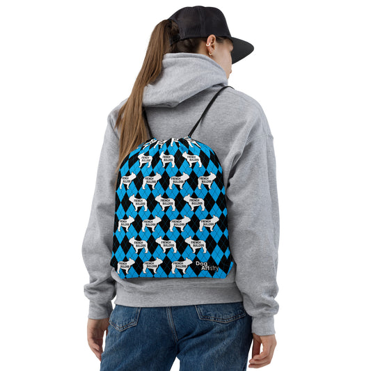 French Bulldog Argyle Blue and Black Drawstring bag