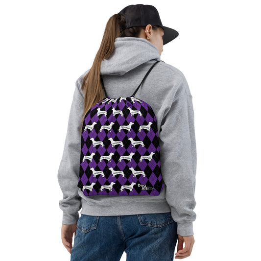 Dachshund Argyle Purple and Black Drawstring bag