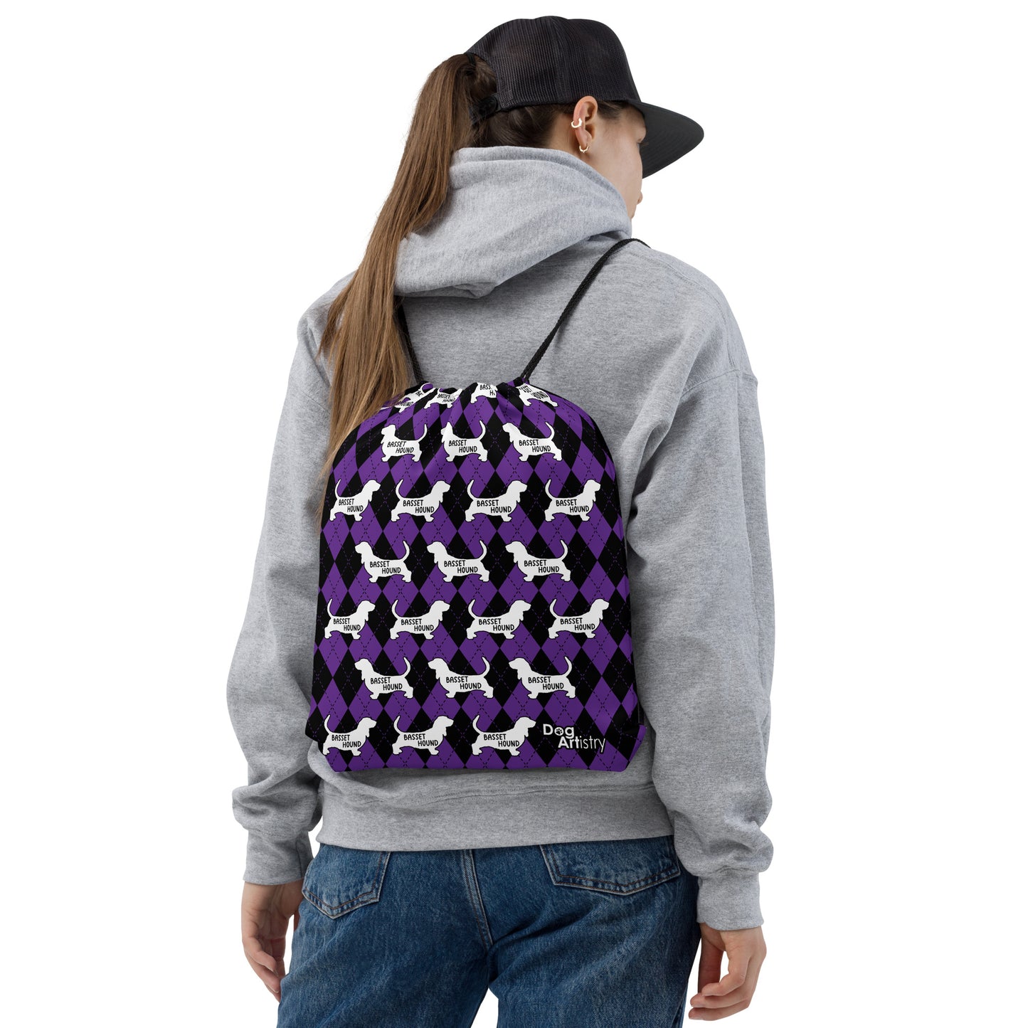 Basset Hound Purple Argyle Drawstring bag