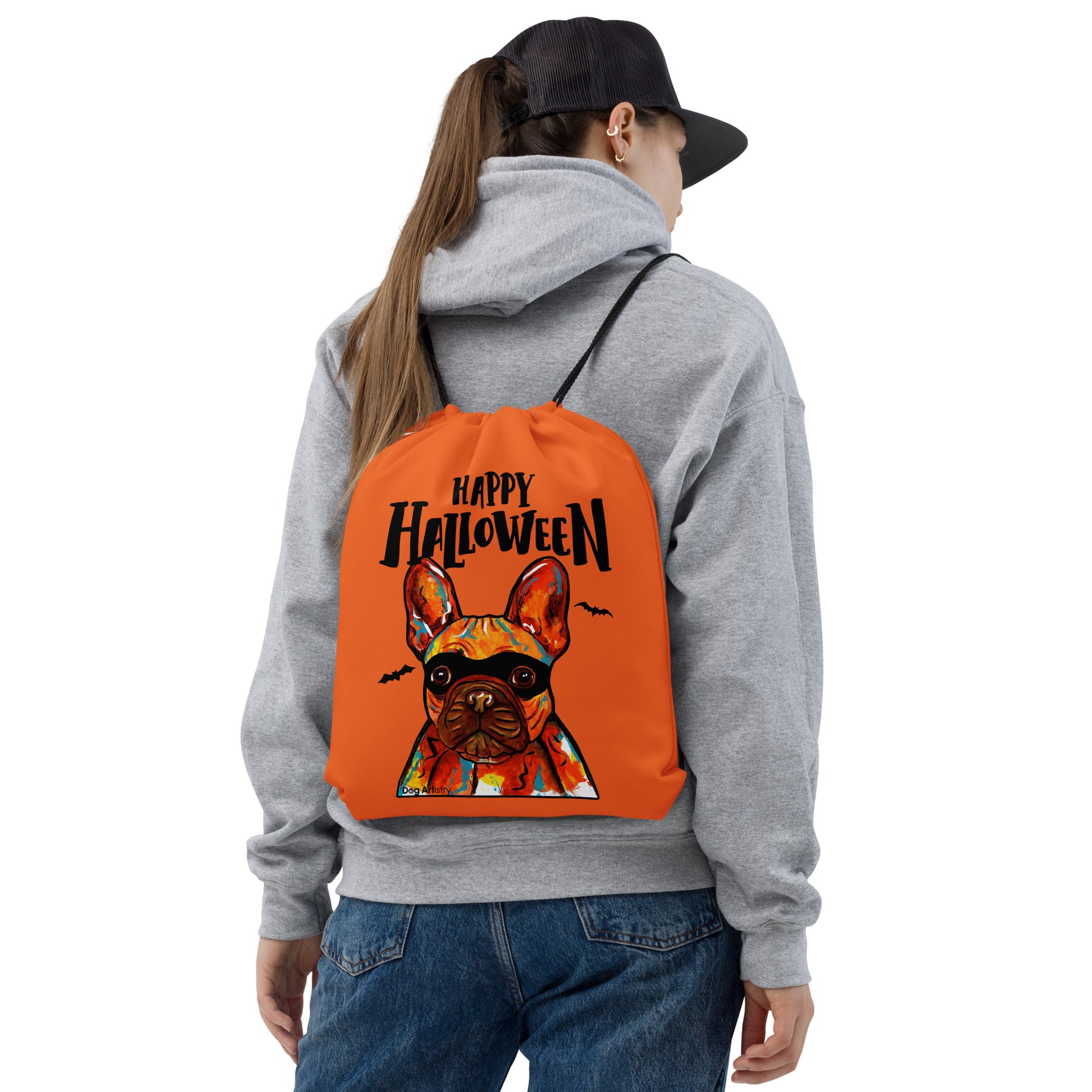 Cool Happy Halloween French Bulldog wearing mask Orange drawstring bag by Dog Artistry Halloween candy bag.