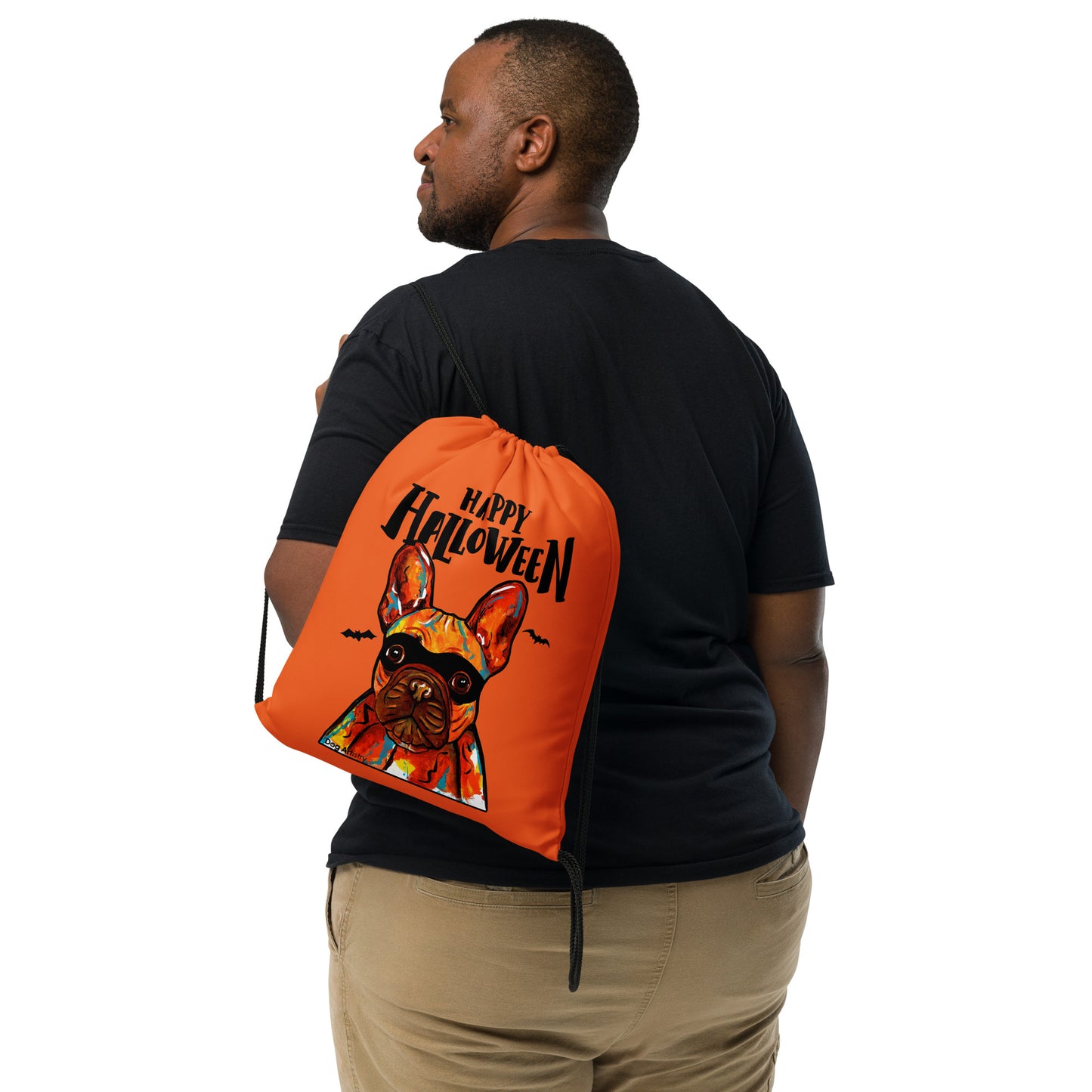 Funny Happy Halloween French Bulldog wearing mask Orange drawstring bag by Dog Artistry Halloween candy bag.