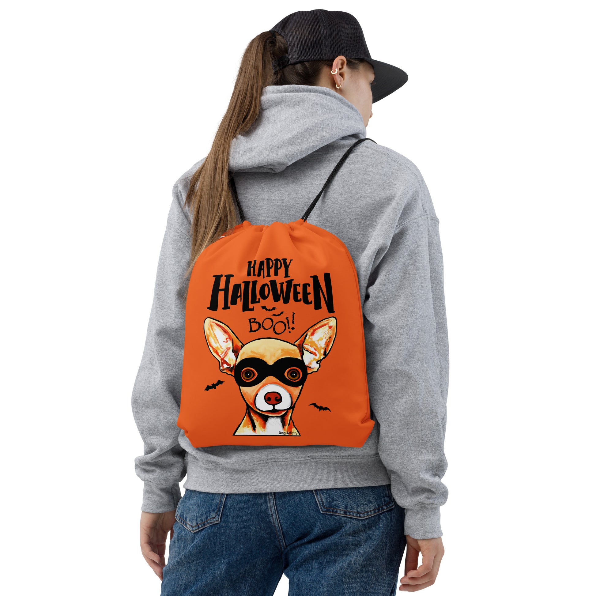 Happy Halloween Chihuahua wearing mask Orange drawstring bag by Dog Artistry Halloween candy bag.