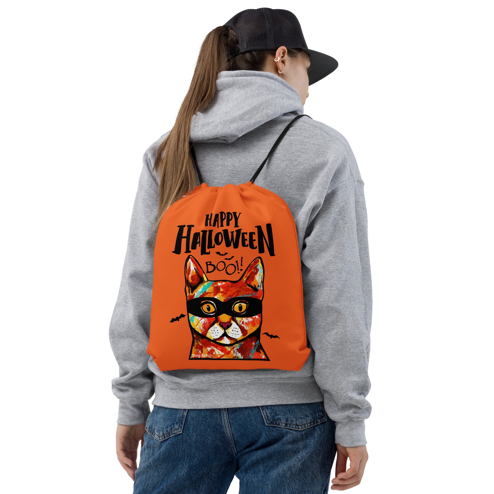 Happy Halloween Cat wearing mask Orange drawstring bag by Dog Artistry Halloween candy bag.