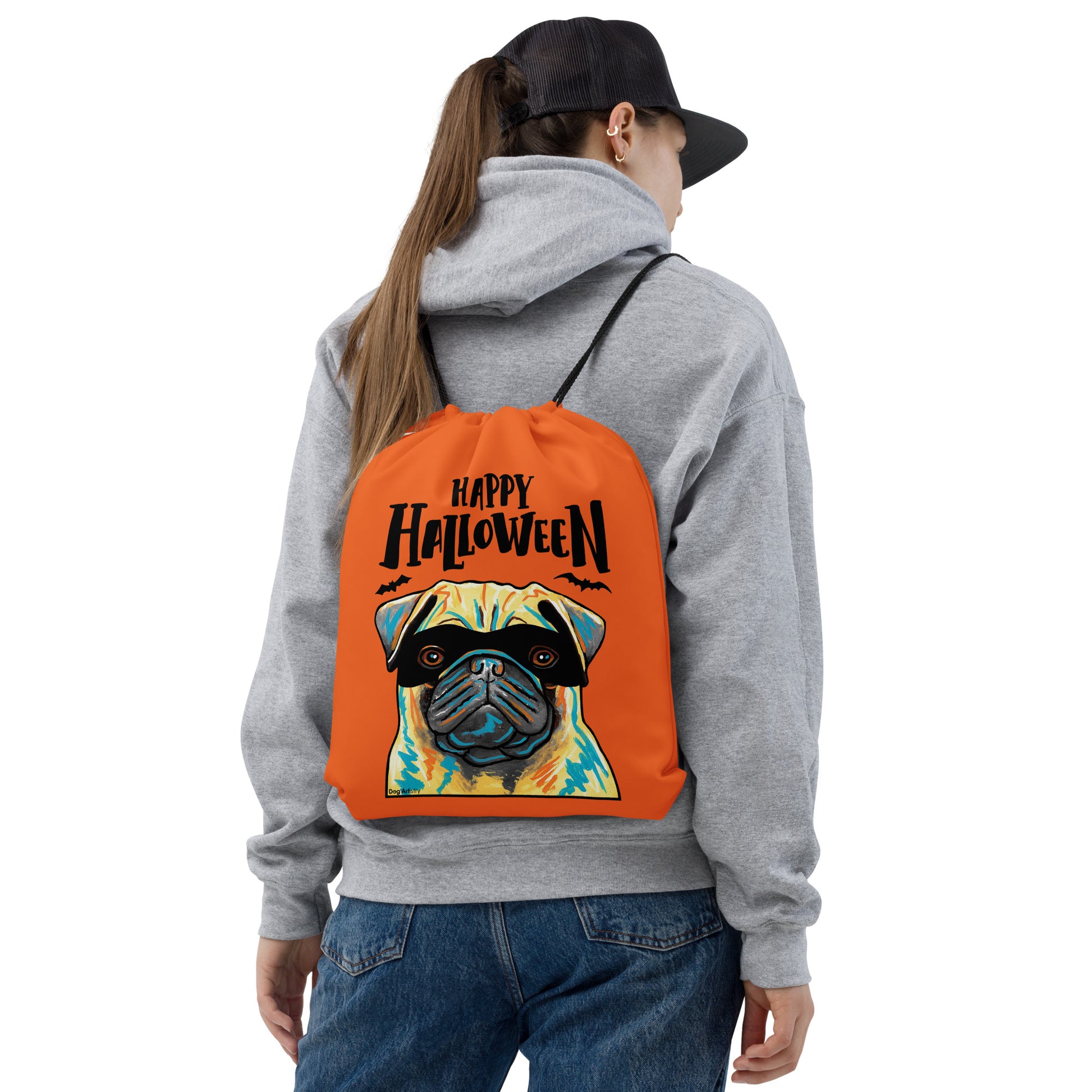 Happy Halloween Pug wearing mask Orange drawstring bag by Dog Artistry Halloween candy bag.