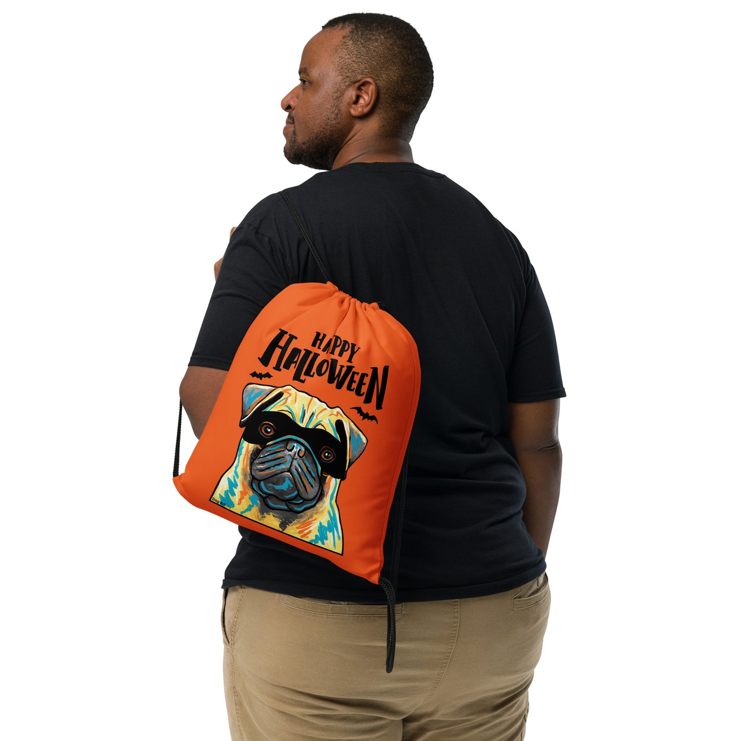 Happy Halloween Pug wearing mask Orange drawstring bag by Dog Artistry Halloween candy bag.