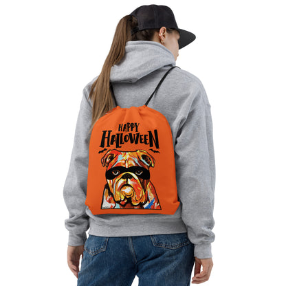 Happy Halloween English Bulldog wearing mask Orange drawstring bag by Dog Artistry Halloween candy bag.