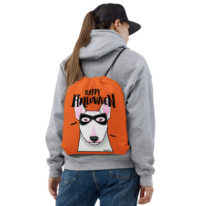 Happy Halloween English Bull Terrier wearing mask Orange drawstring bag by Dog Artistry Halloween candy bag.