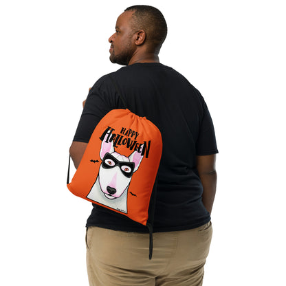 Happy Halloween English Bull Terrier wearing mask Orange drawstring bag by Dog Artistry Halloween candy bag. Funny dog Halloween bag.