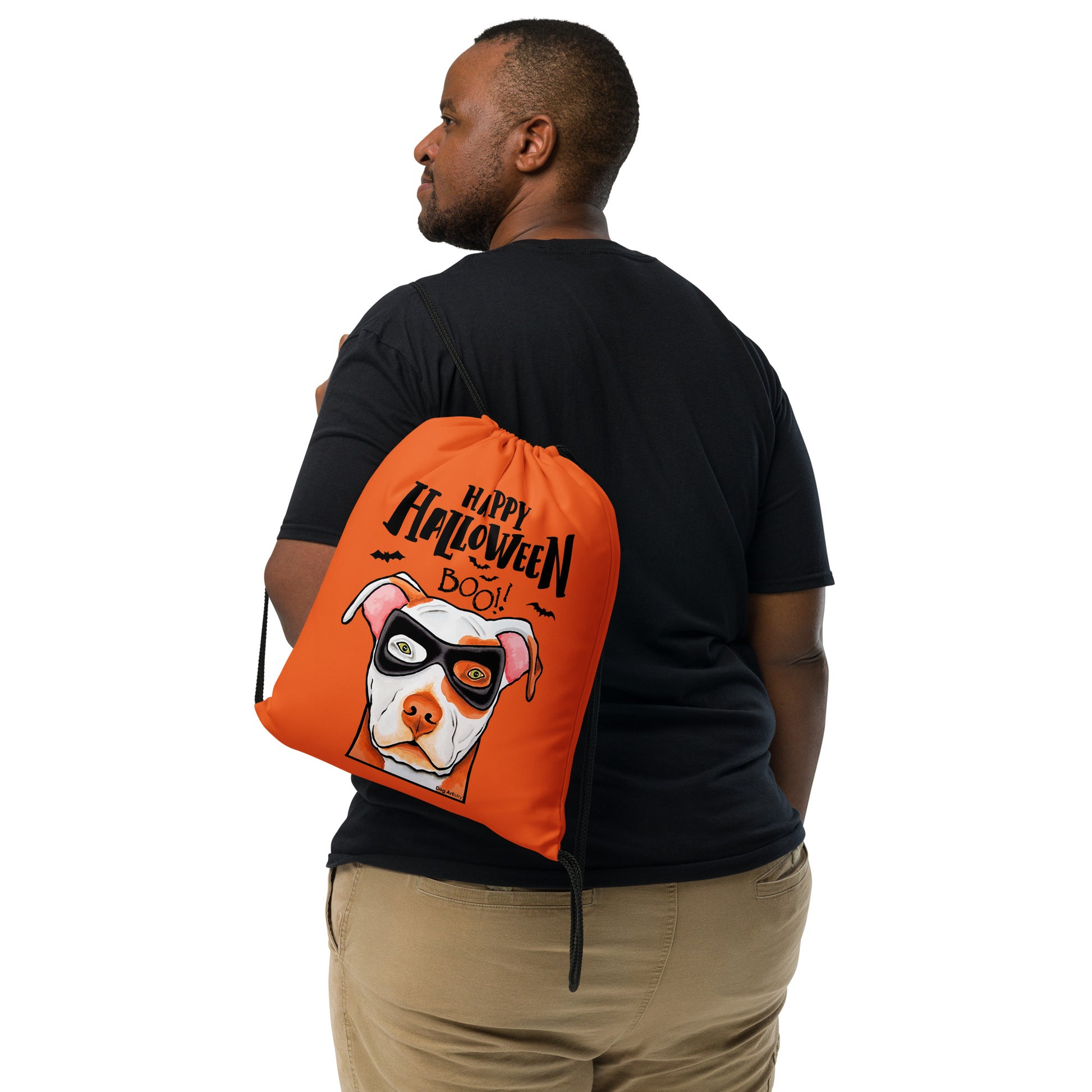 Happy Halloween American Pit Bull wearing mask Orange drawstring bag by Dog Artistry Halloween candy bag.