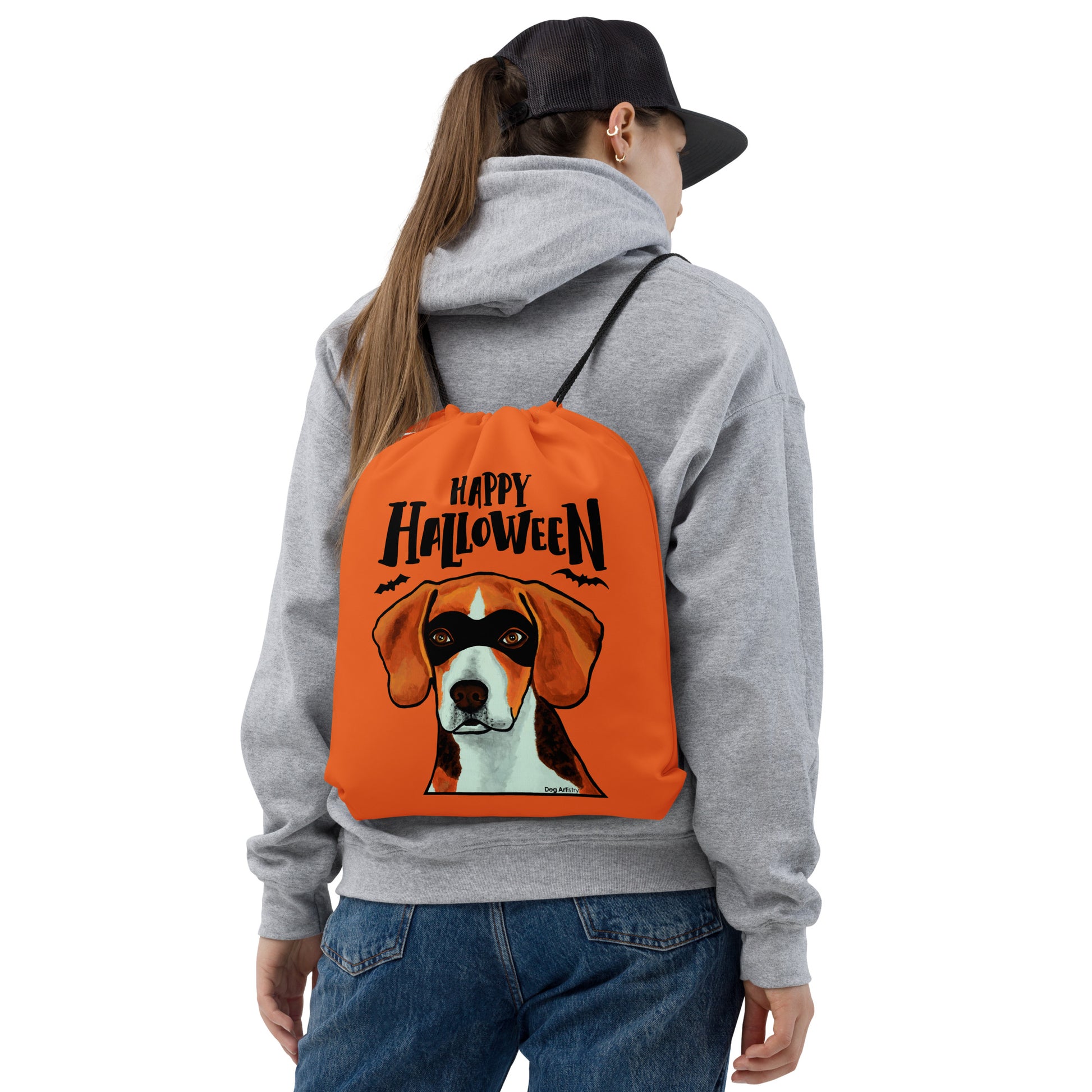 Happy Halloween Beagle wearing mask drawstring bag by Dog Artistry Halloween candy bag.