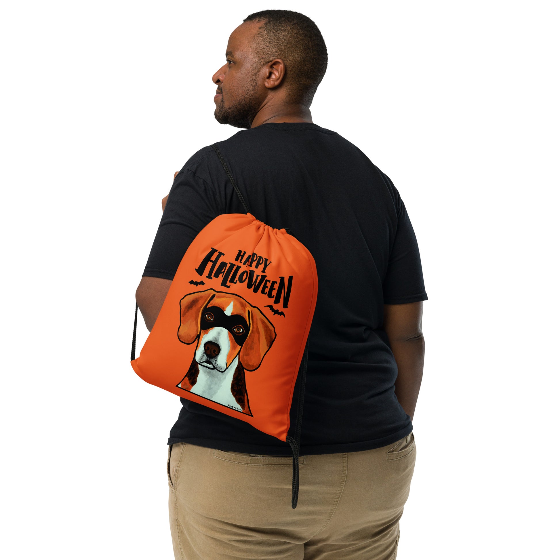 Happy Halloween Beagle wearing mask drawstring bag by Dog Artistry Halloween candy bag. Funny Halloween bag.