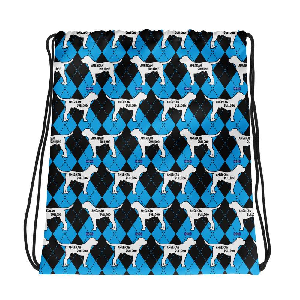 American Bulldog Argyle Blue and Black Drawstring bag