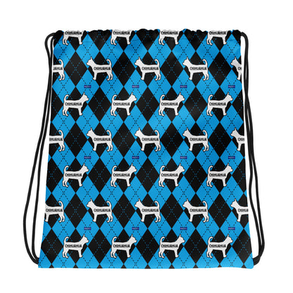 Chihuahua Argyle Blue and Black Drawstring bag