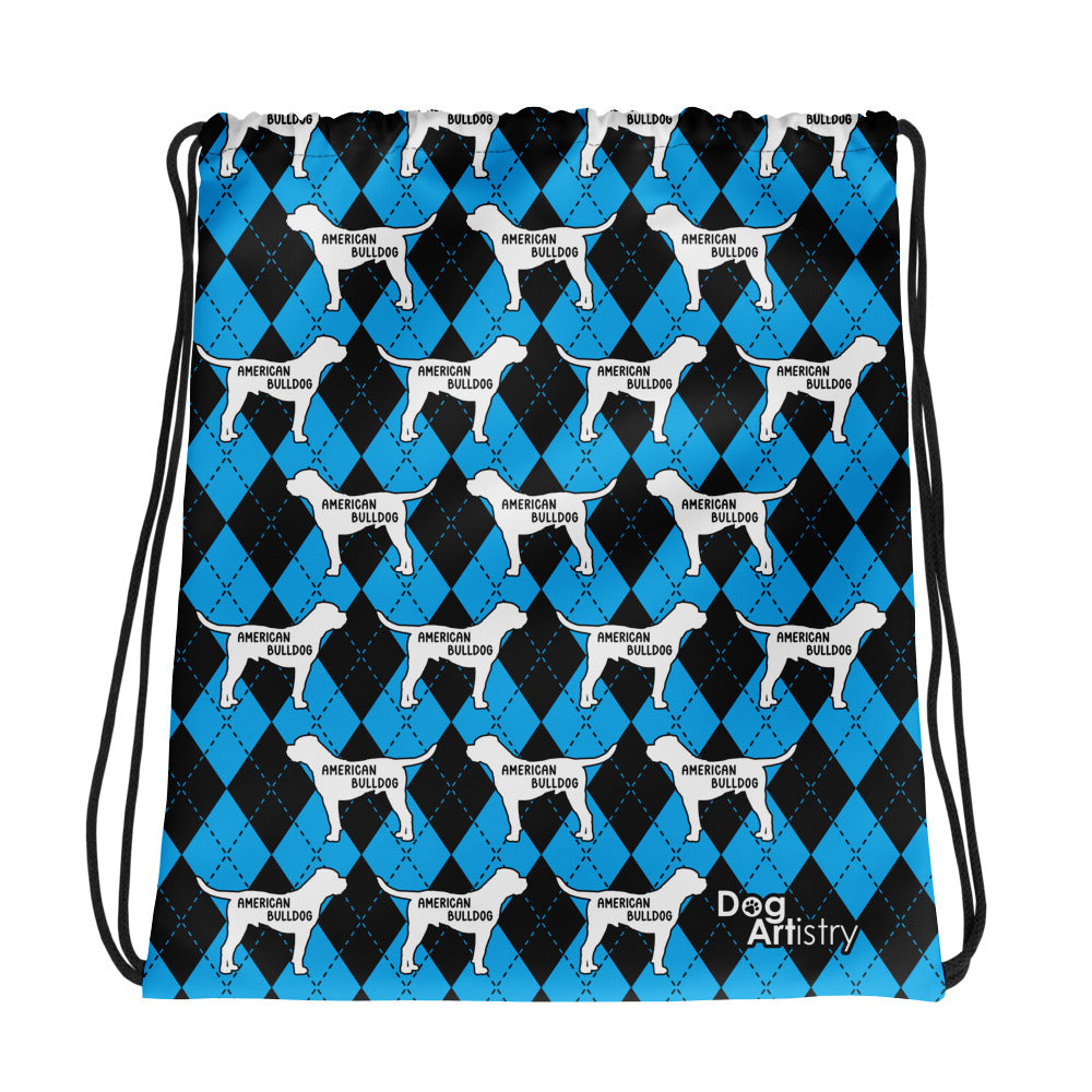 American Bulldog Argyle Blue and Black Drawstring bag