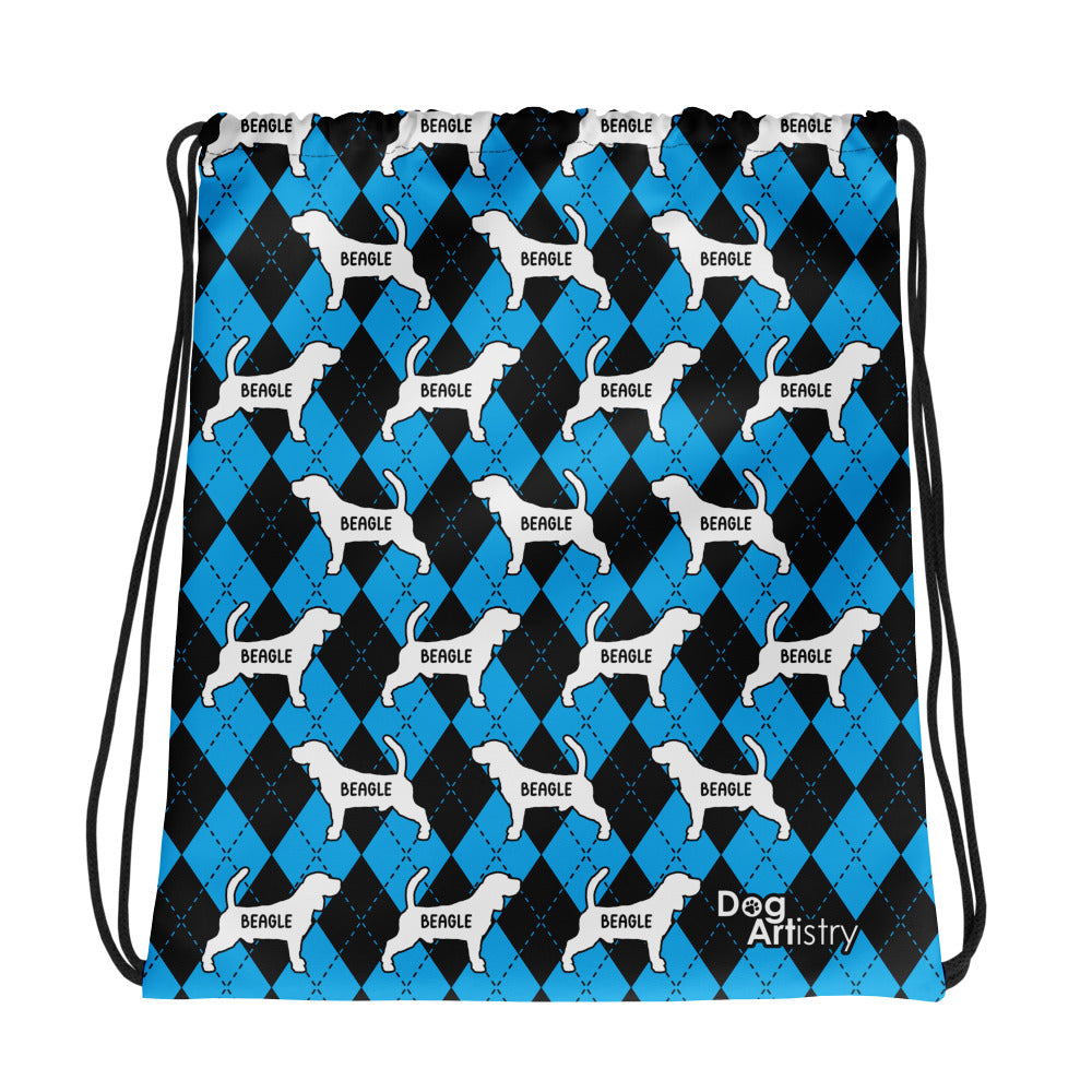 Beagle Argyle Blue and Black Drawstring bag