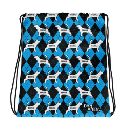 Beagle Argyle Blue and Black Drawstring bag