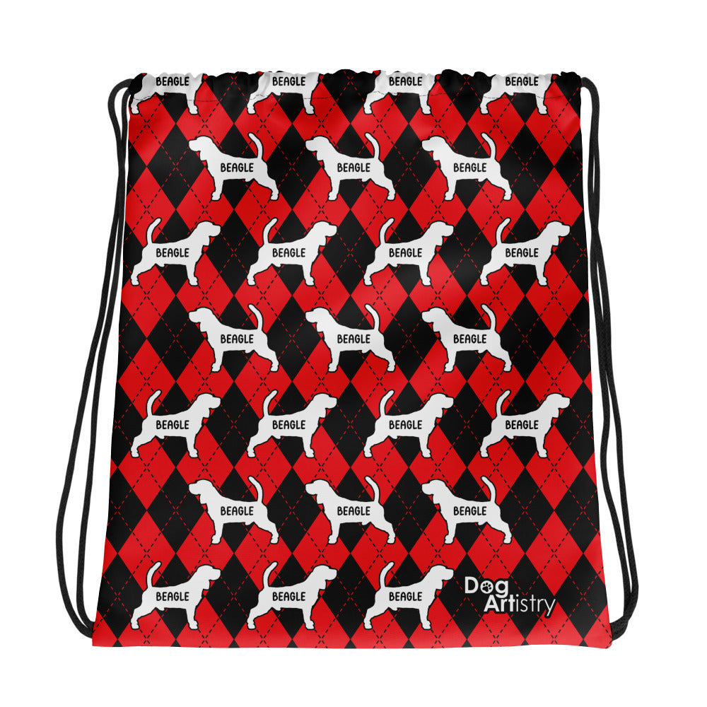 Beagle Argyle Red and Black Drawstring bag