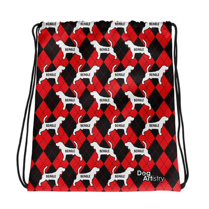 Beagle Argyle Red and Black Drawstring bag
