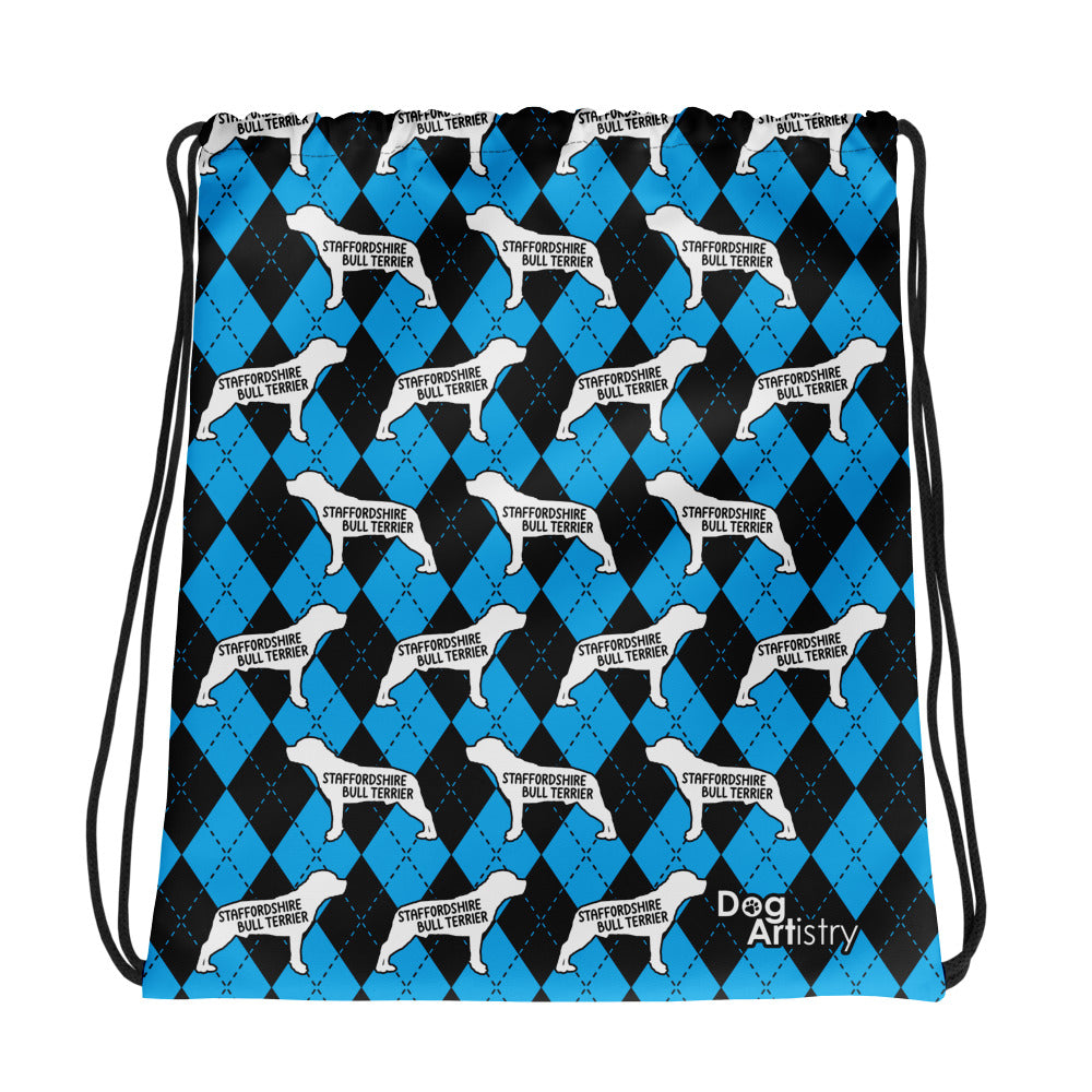 Staffordshire Bull Terrier Argyle Blue and Black Drawstring bag