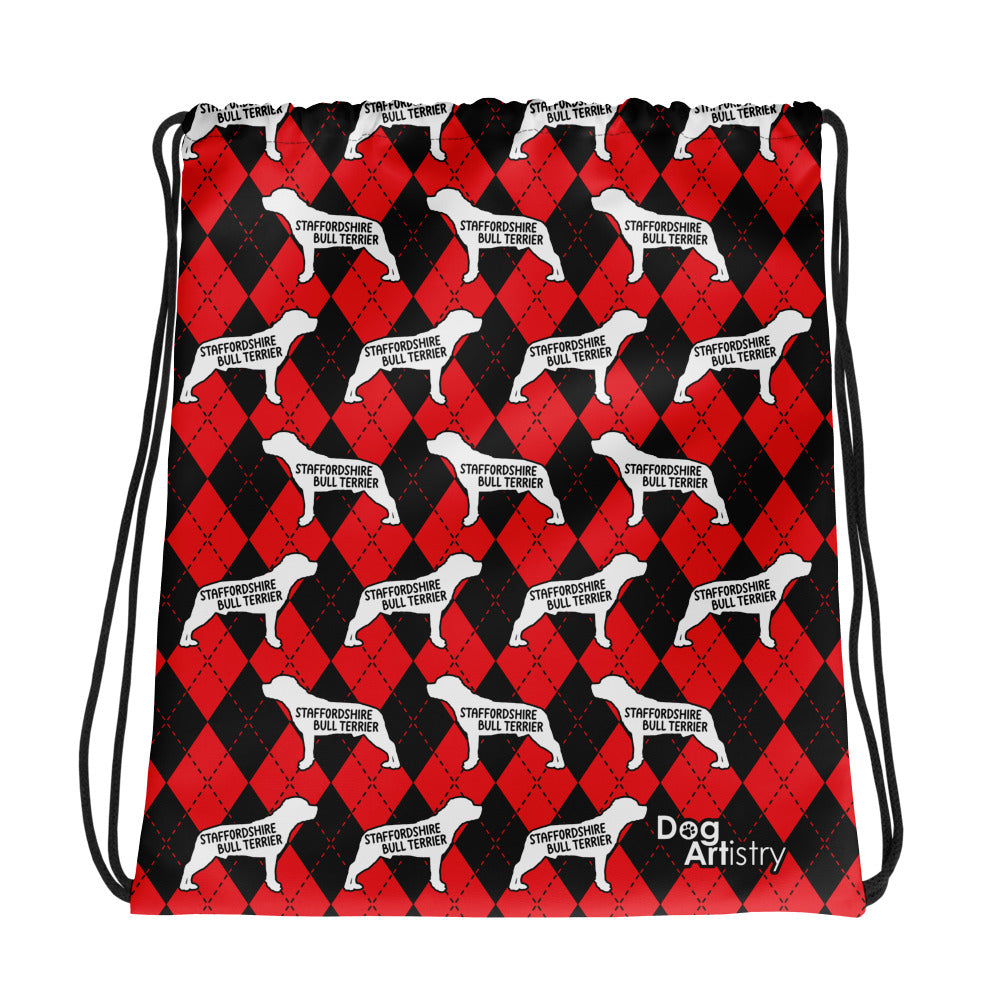 Staffordshire Bull Terrier Argyle Red and Black Drawstring bag