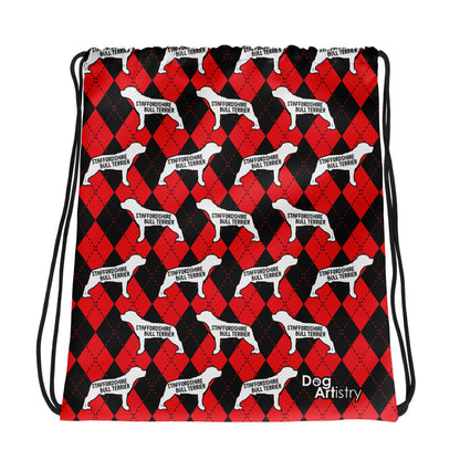 Staffordshire Bull Terrier Argyle Red and Black Drawstring bag