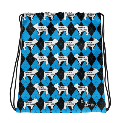 French Bulldog Argyle Blue and Black Drawstring bag