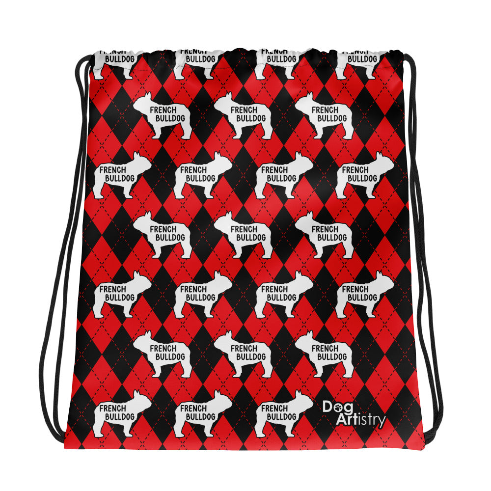 French Bulldog Argyle Red and Black Drawstring bag