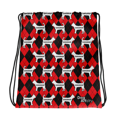 Chihuahua Argyle Red and Black Drawstring bag