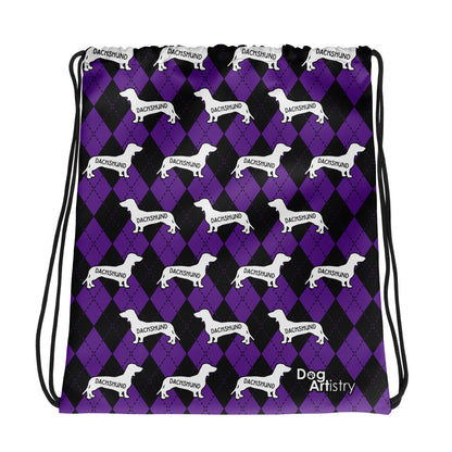 Dachshund Argyle Purple and Black Drawstring bag