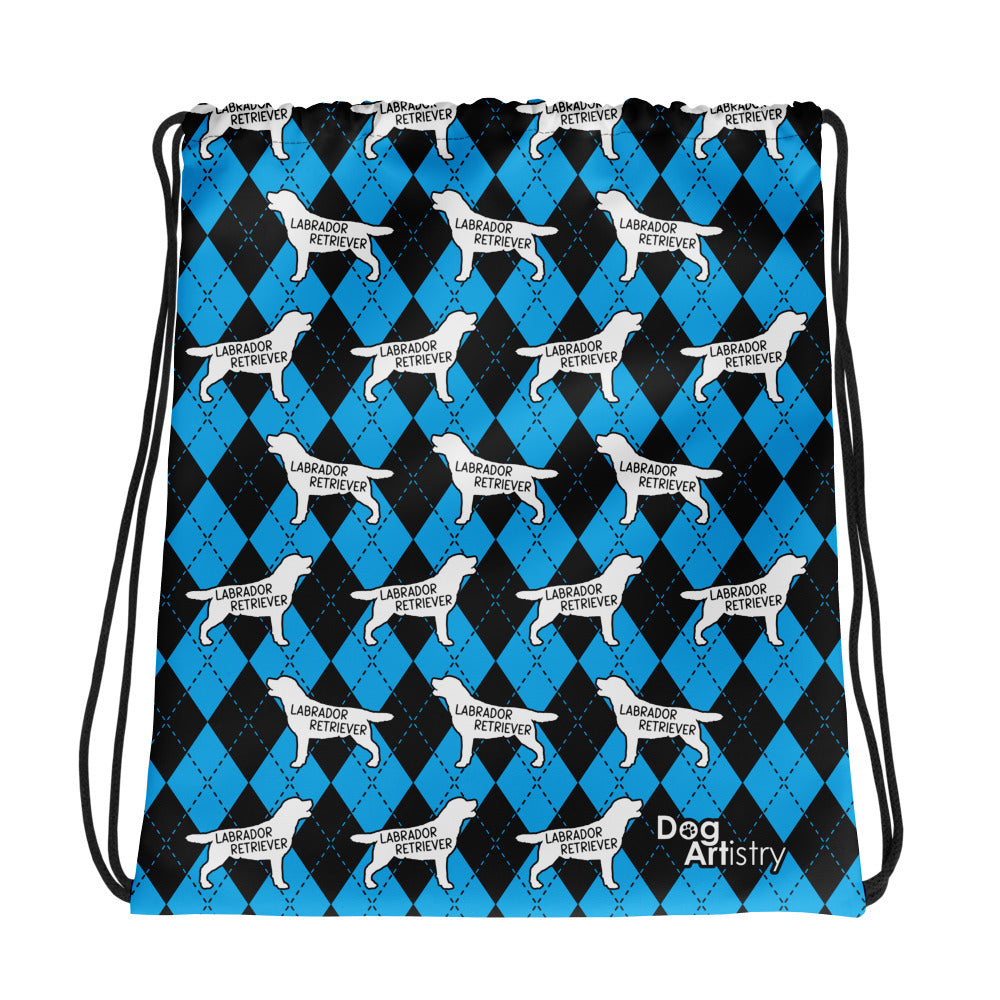 Labrador Retriever Argyle Blue and Black Drawstring bag