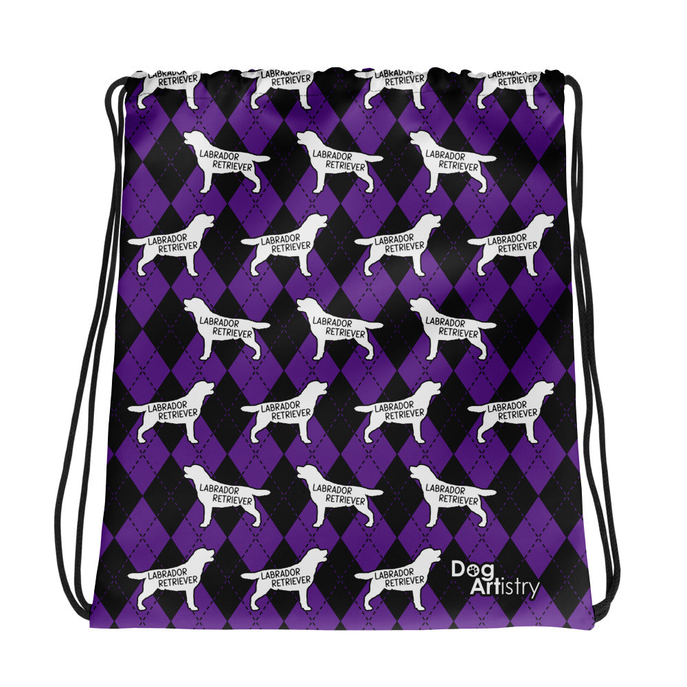 Labrador Retriever Argyle Purple and Black Drawstring bag