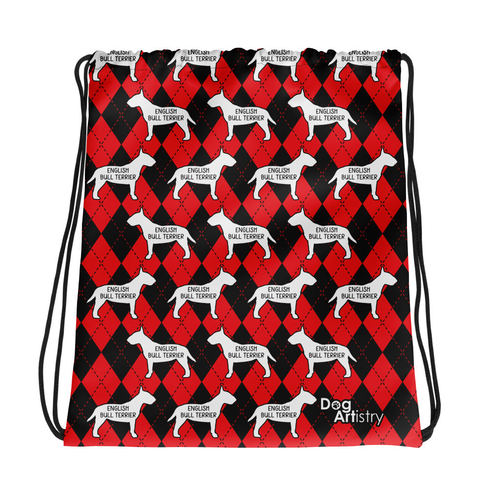 Bull Terrier Argyle Red and Black Drawstring bag