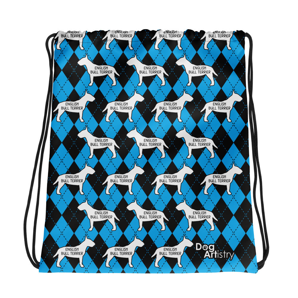 Bull Terrier Argyle Blue and Black Drawstring bag